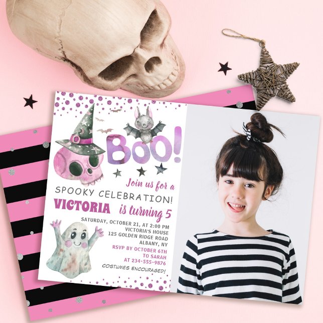 Spooky Rosa Skull Girl Halloween Birthday Photo Inbjudningar (Skapare uppladdad)