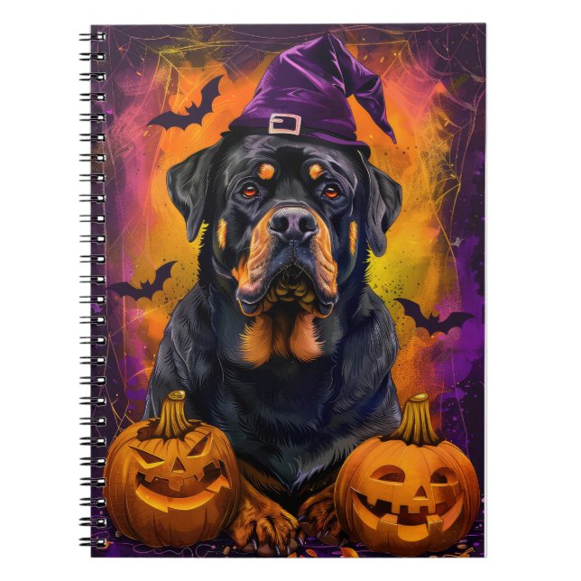 Spooky Rottweiler Hund Halloween Witch och Pumpkin Anteckningsbok (Framsidan)