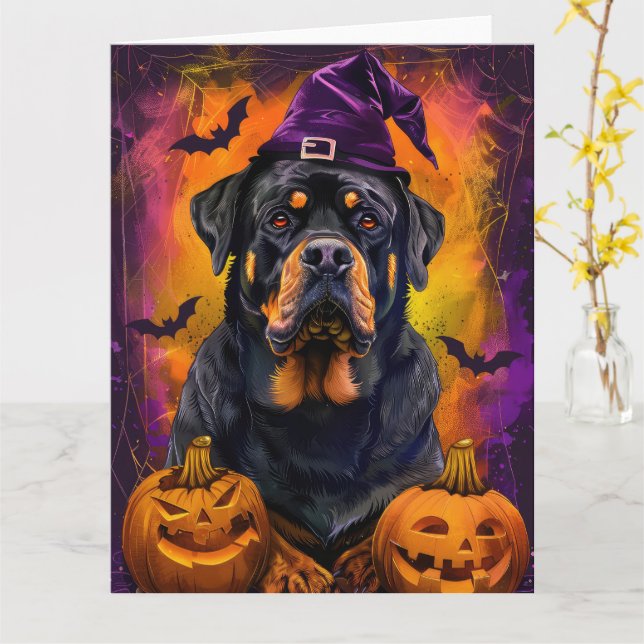 Spooky Rottweiler Hund Halloween Witch och Pumpkin Kort (Gul blomma)