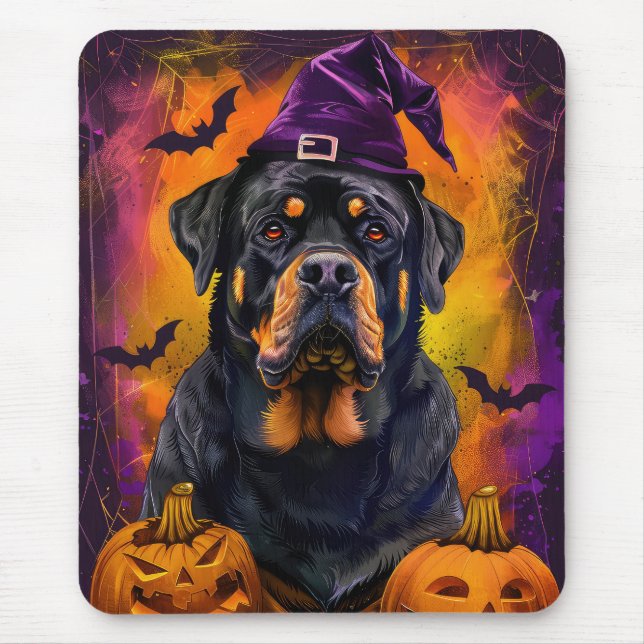 Spooky Rottweiler Hund Halloween Witch och Pumpkin Musmatta (Framsidan)