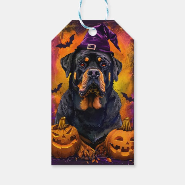 Spooky Rottweiler Hund Halloween Witch och Pumpkin Presentetikett (Framsidan)