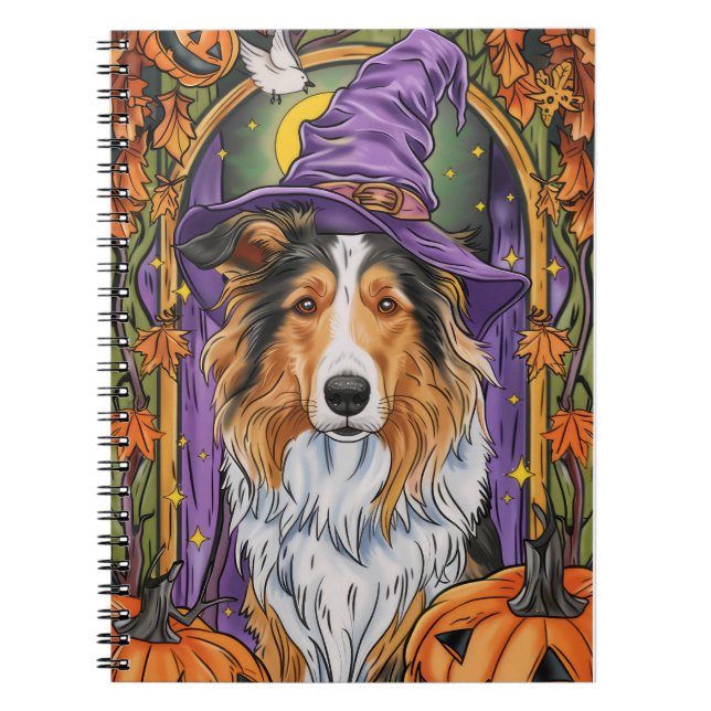 Spooky Rough Collie Hund Halloween Witch Pumpkin Anteckningsbok (Framsidan)