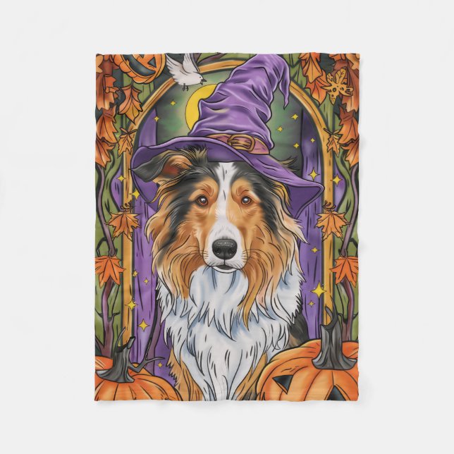 Spooky Rough Collie Hund Halloween Witch Pumpkin Fleecefilt (Framsidan)