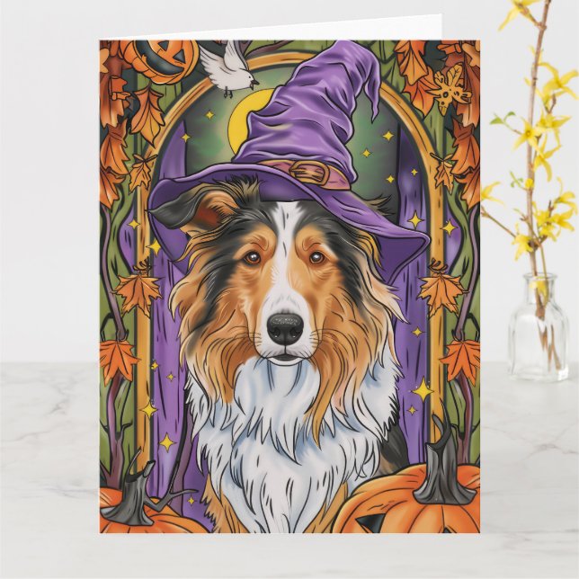 Spooky Rough Collie Hund Halloween Witch Pumpkin Kort (Gul blomma)