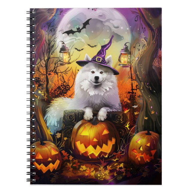 Spooky Samoyed Hund Halloween Witch och Pumpkin Anteckningsbok (Framsidan)