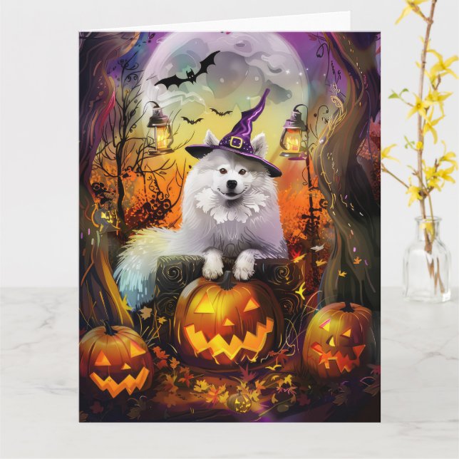 Spooky Samoyed Hund Halloween Witch och Pumpkin Kort (Gul blomma)