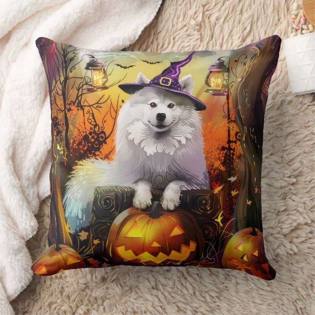 Spooky Samoyed Hund Halloween Witch och Pumpkin Kudde (Filt)