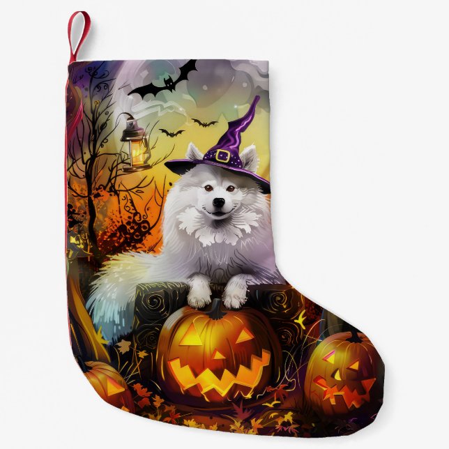 Spooky Samoyed Hund Halloween Witch och Pumpkin Liten Julstrumpa (Framsidan)