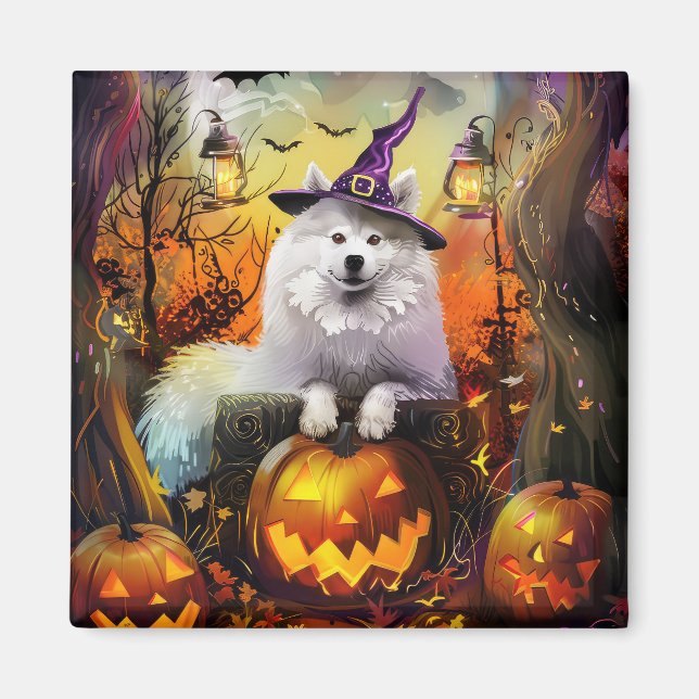 Spooky Samoyed Hund Halloween Witch och Pumpkin Magnet (Framsidan)
