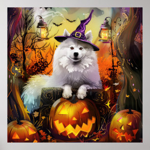 Spooky Samoyed Hund Halloween Witch och Pumpkin Poster