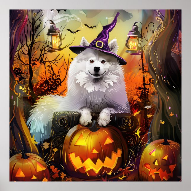 Spooky Samoyed Hund Halloween Witch och Pumpkin Poster (Framsidan)