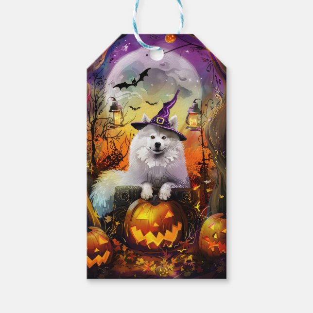 Spooky Samoyed Hund Halloween Witch och Pumpkin Presentetikett (Framsidan)