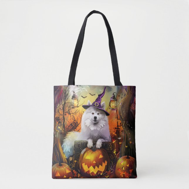 Spooky Samoyed Hund Halloween Witch och Pumpkin Tygkasse (Framsida)