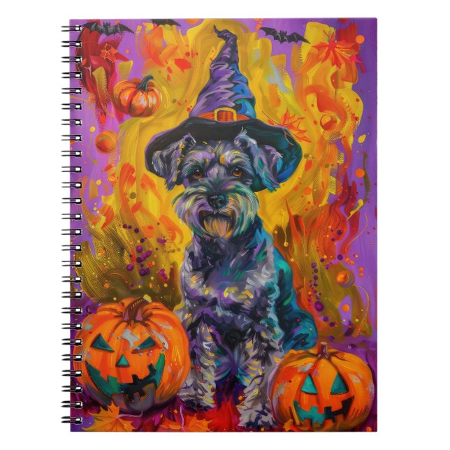 Spooky Schnauzer Hund Halloween Witch och Pumpkin Anteckningsbok (Framsidan)