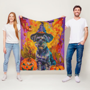 Spooky Schnauzer Hund Halloween Witch och Pumpkin Fleecefilt