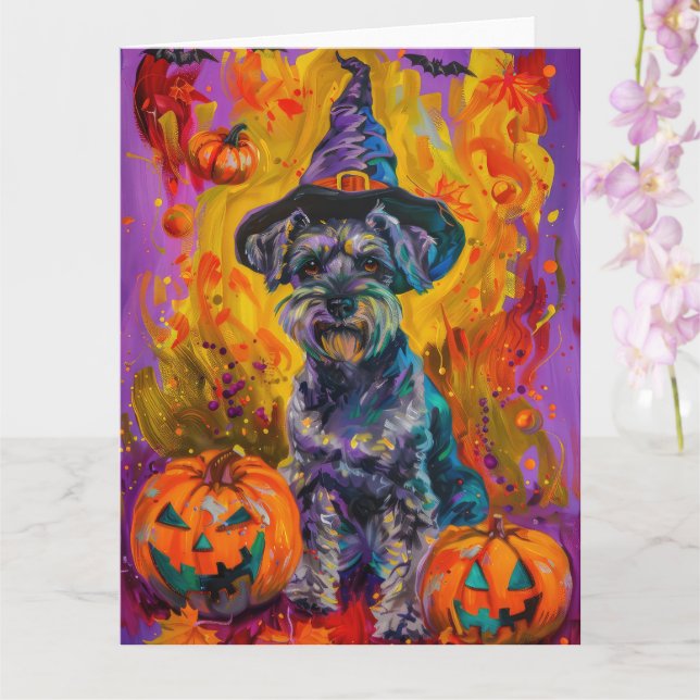 Spooky Schnauzer Hund Halloween Witch och Pumpkin Kort (Orkide)