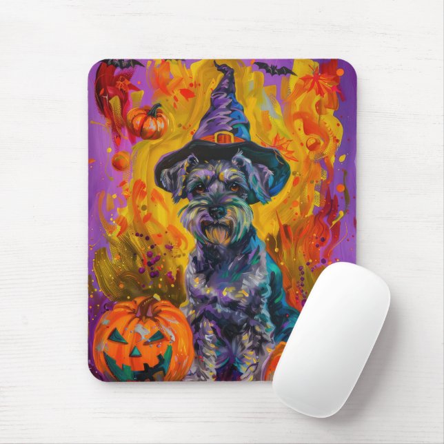 Spooky Schnauzer Hund Halloween Witch och Pumpkin Musmatta (Med mus)