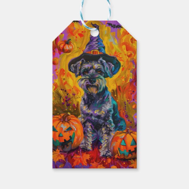 Spooky Schnauzer Hund Halloween Witch och Pumpkin Presentetikett (Framsidan)
