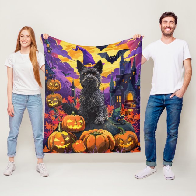Spooky Scottish Terrier Halloween Witch Pumpkin Fleecefilt (På plats)