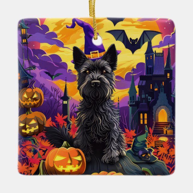 Spooky Scottish Terrier Halloween Witch Pumpkin Julgransprydnad Keramik (Framsida)