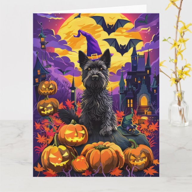 Spooky Scottish Terrier Halloween Witch Pumpkin Kort (Gul blomma)