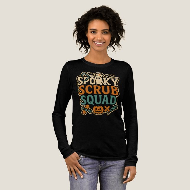 Spooky SCrub Squad Nurse Halloween Ghost T Shirt (Hel framsida)