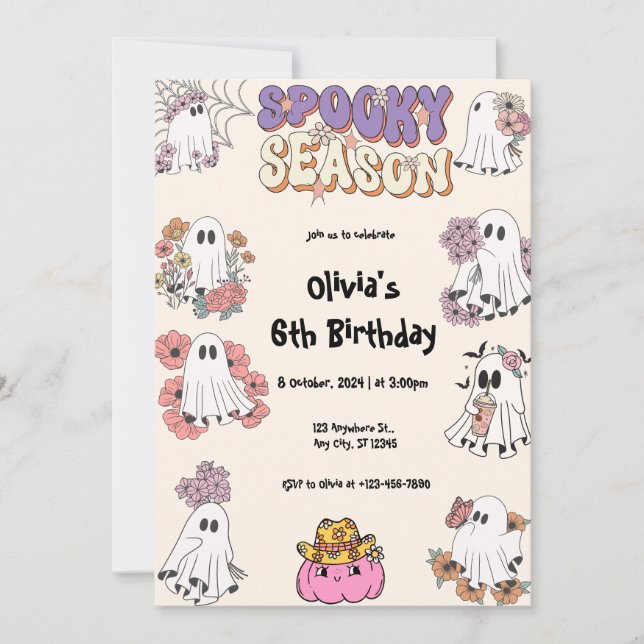 Spooky Season Cute Ghost blommigt Halloween Birthd Inbjudningar (Framsida)