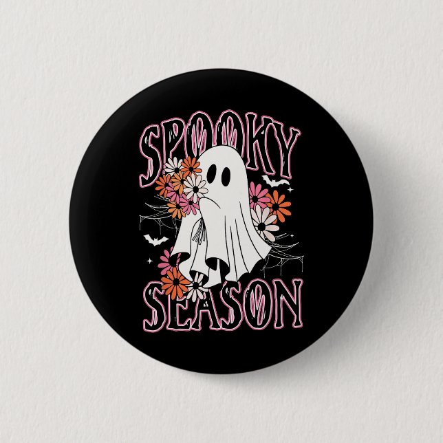 Spooky Season Cute Ghost Halloween Costume Blommig Knapp (Framsida)