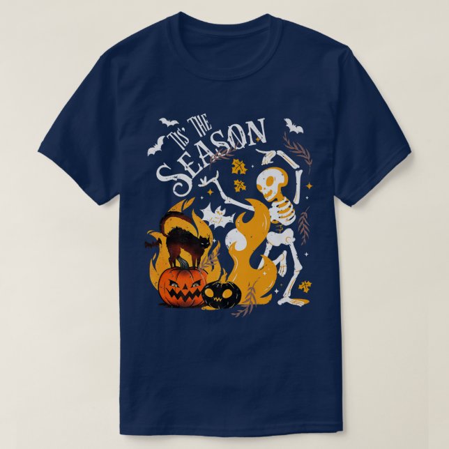 Spooky Season Dancing Skeleton Black Cat Halloween T Shirt (Design framsida)
