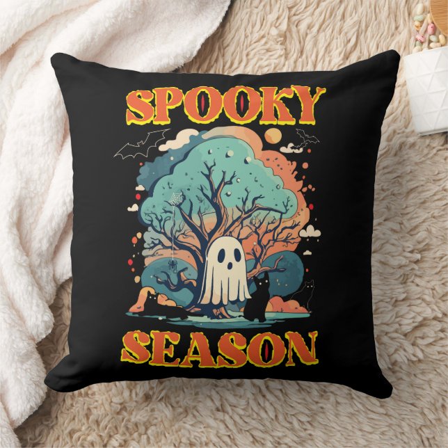 Spooky Season Ghost & Black Cat Halloween Design D Kudde (Filt)