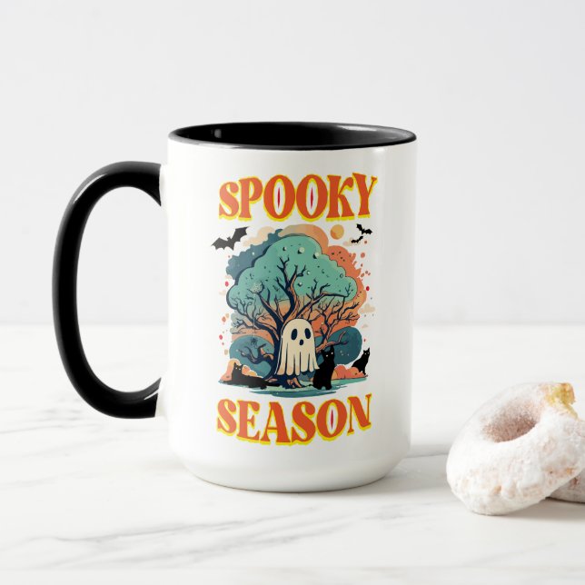 Spooky Season Ghost & Black Cat Halloween Design D Mugg (Med munk)