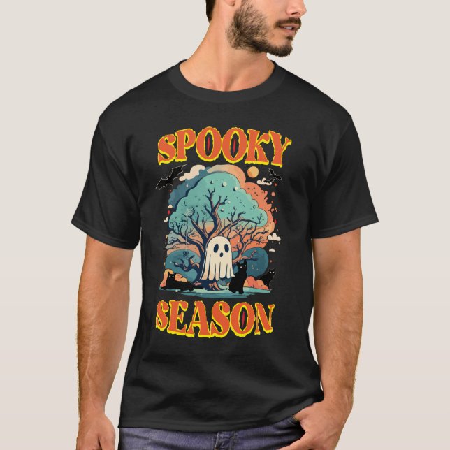 Spooky Season Ghost & Black Cat Halloween Design D T Shirt (Framsida)