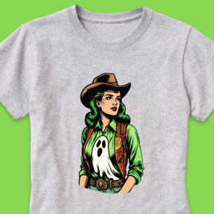 Spooky Season Grönt Retro Cowgirl med Ghost T Shirt