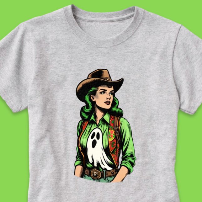 Spooky Season Grönt Retro Cowgirl med Ghost T Shirt (Spooky Season Green Retro Cowgirl with Ghost T-Shirt)