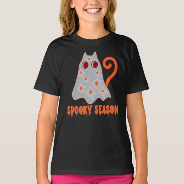 Spooky Season Groovy Ghost Cat Halloween T Shirt (Framsida)