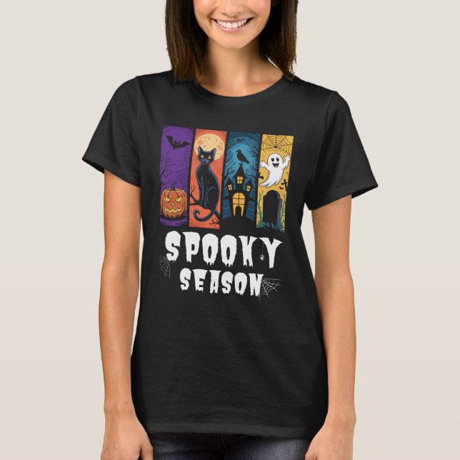 Spooky Season Halloween Black Cat Ghost Haunted T Shirt (Framsida)
