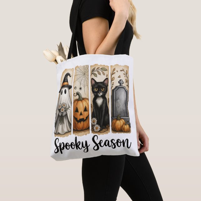 Spooky Season Halloween Black Cat, Ghost, Pumpkin  Tygkasse (Närbild)