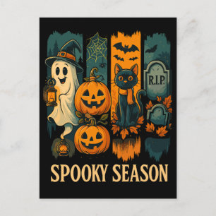 Spooky Season Halloween - Ghost, Pumpkins, Cat Helg Vykort