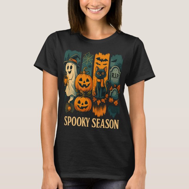 Spooky Season Halloween - Ghost, Pumpkins, Cat T Shirt (Framsida)