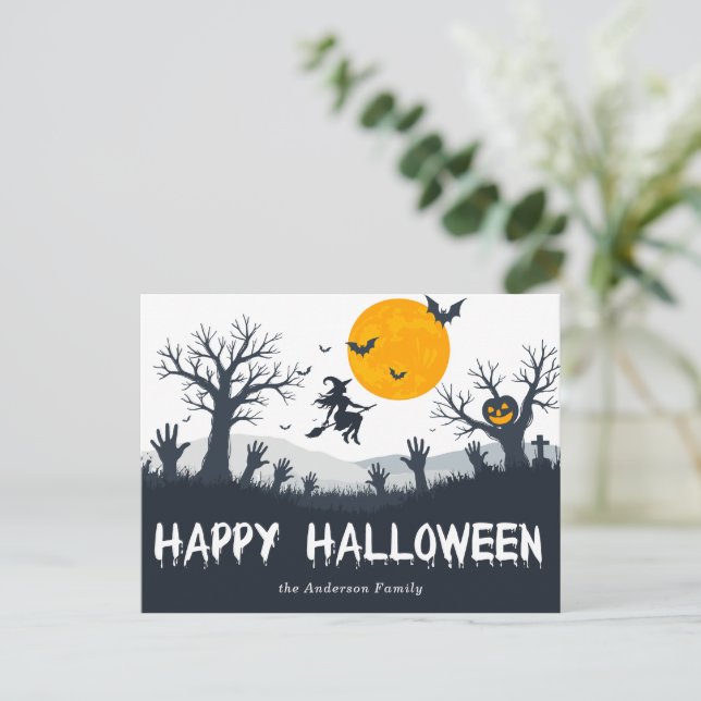 Spooky Season Happy halloween Witch Fladdermus Pum Vykort (Stående Fram)