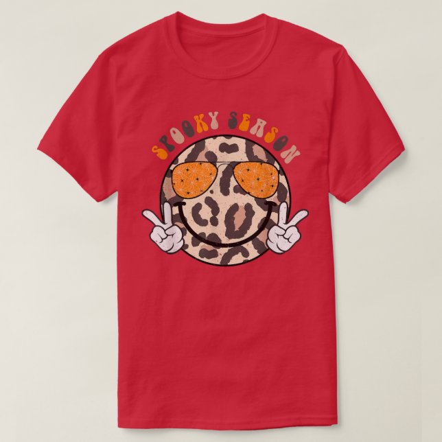 Spooky Season Leopard Smile Ansikte Glasses Hippie T Shirt (Design framsida)