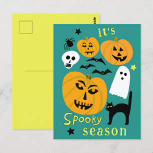 Spooky Season Pumpkins Ghost Fladdermus HAPPY HALL Vykort