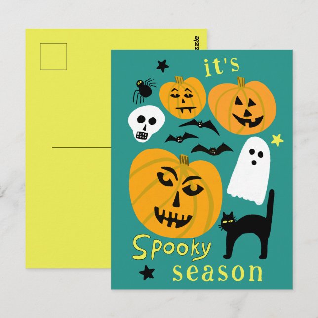 Spooky Season Pumpkins Ghost Fladdermus HAPPY HALL Vykort (Fram/baksida)