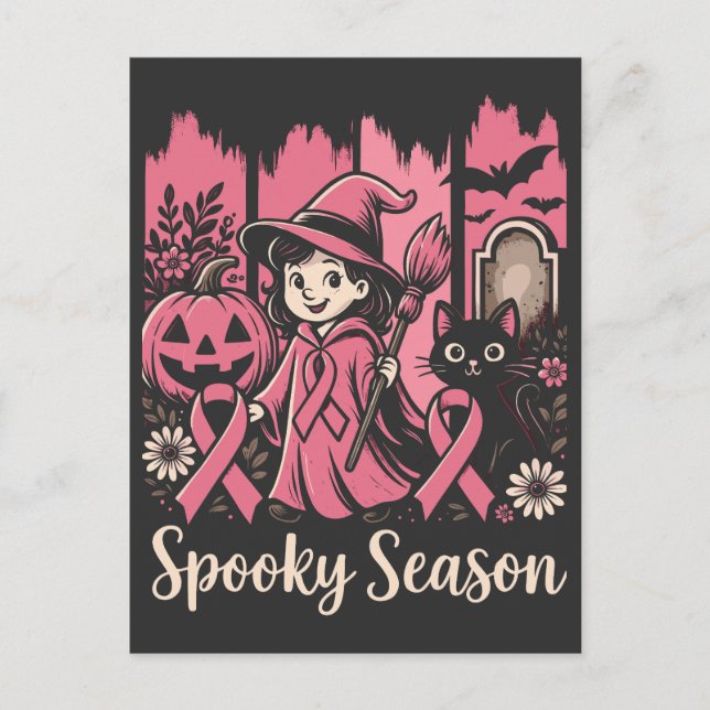 Spooky Season Rosa Ribbon - Cute Halloween Witch Vykort (Framsida)