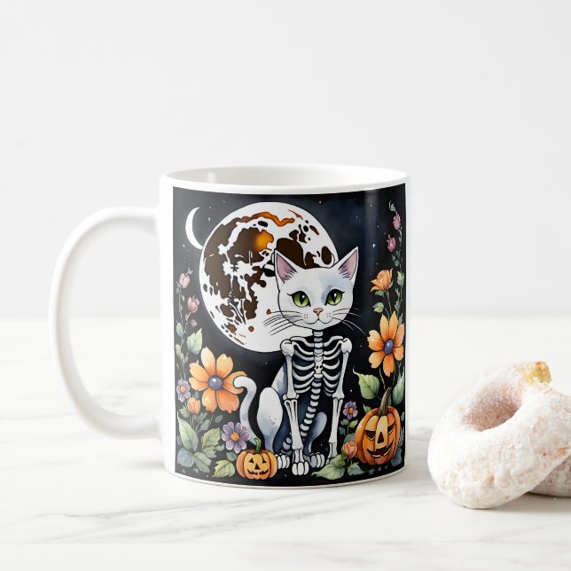 Spooky Season Skeleton Cat Blommigt Halloween Kaffemugg (Med munk)