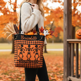 Spooky Season Skeleton Trio Orange & Black Plaid Tygkasse