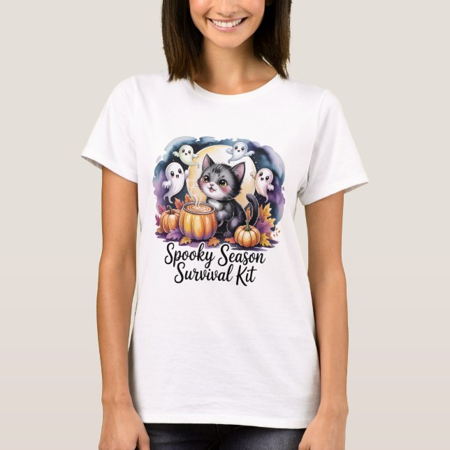 Spooky Season Survival Kit Cute Cat Ghost T-Shirt  (Framsida)