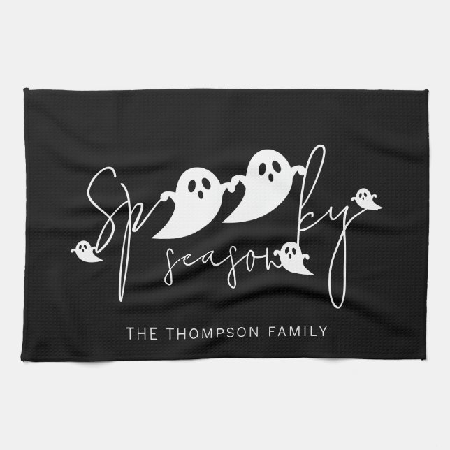 Spooky Season Text och White Spöken Halloween Kökshandduk (Horisontell)