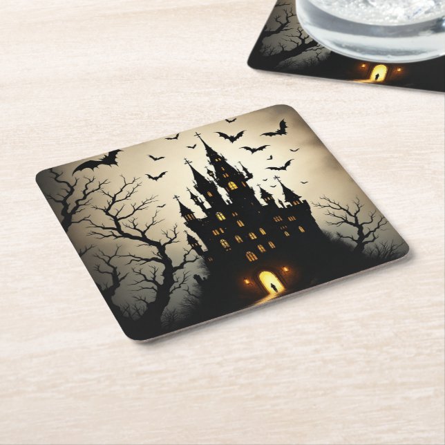 Spooky Shadow Halloween Castle Underlägg Papper Kvadrat (Vinklad)