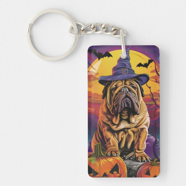 Spooky Shar Pei Hund Halloween Witch och Pumpkin (Framsidan)